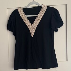 Elegant Black V-Neck Top with Lace Trim